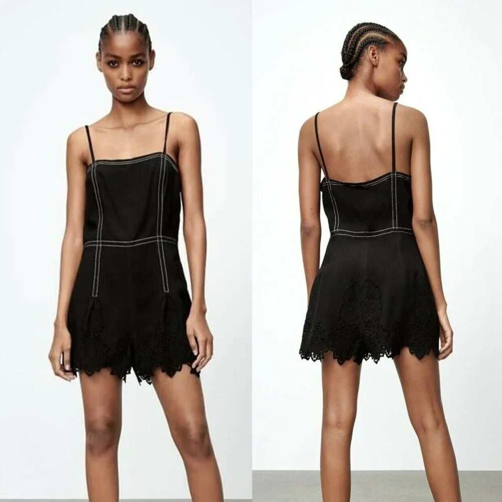 Zara Black Contrast Stitch Eyelet Lace Hem Romper Sz XS Y2K Inspired Festival